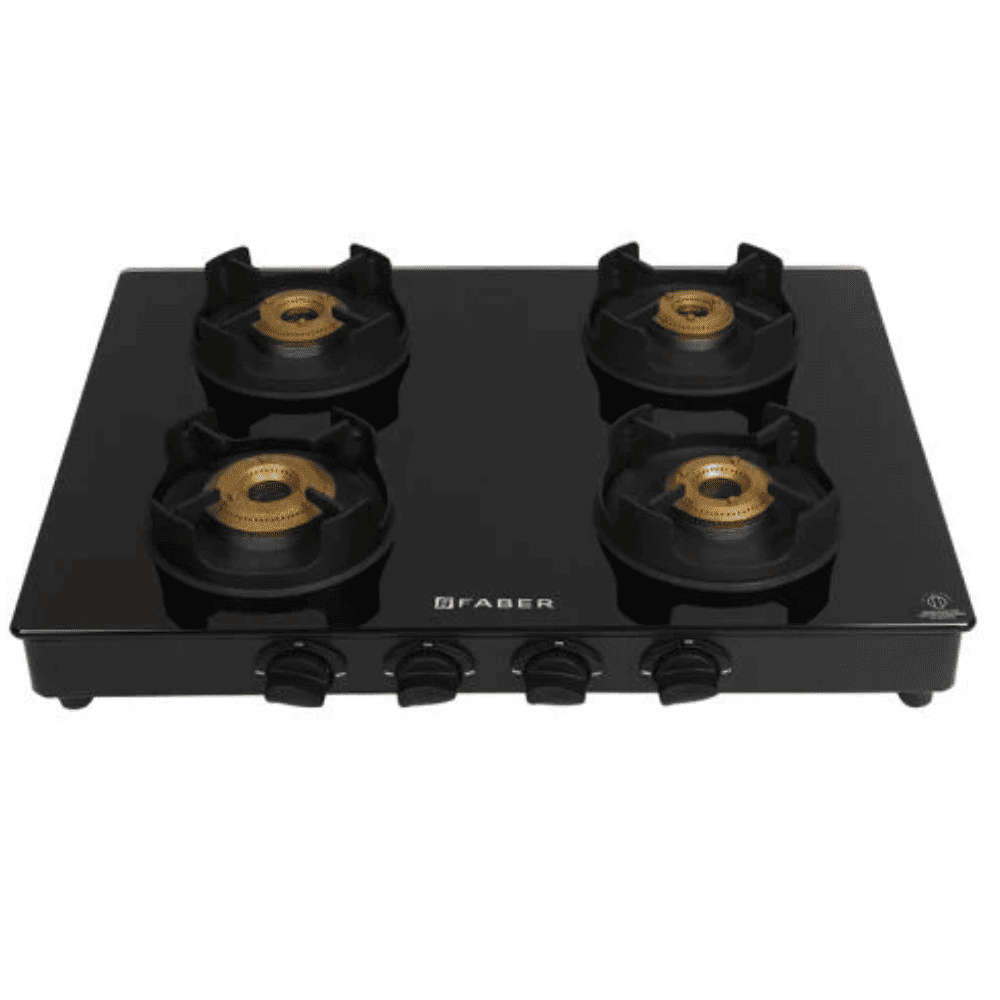 Faber Cooktop, ONYX 4BB BK CI, 4 Burner Auto Manual Ignition Glass Top Brass Burner 2 Medium + 1 small + High Flame Gas Stove (Black)