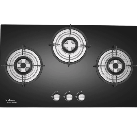 Hindware Hob, ELLA PLUS 3B 75, 3 burner 75 cm Auto Ignition Glass Designer Brass Burners 1 Medium + 1 Small + 1 High (Black)