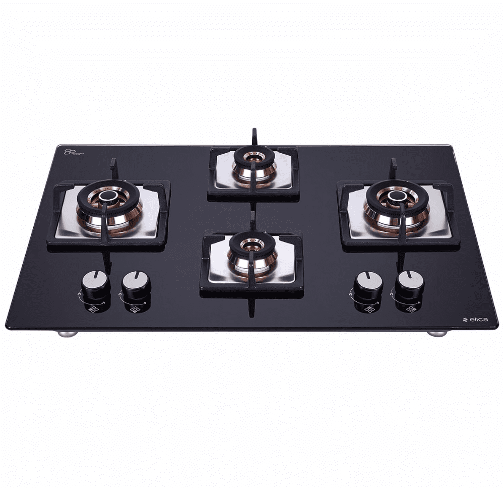 Elica Hob, FLEXI FB HCT 470 DX, 4 Burner 70 cm Auto Ignition Glass Top Brass Burners 2 Small and 2 Medium Gas Stove (Black)
