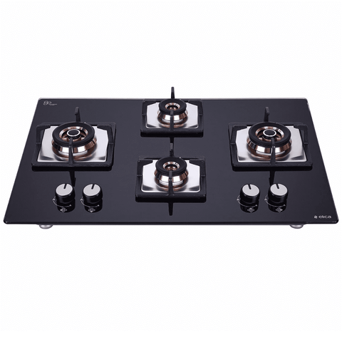 Elica Hob, FLEXI FB HCT 470 DX, 4 Burner 70 cm Auto Ignition Glass Top Brass Burners 2 Small and 2 Medium Gas Stove (Black)