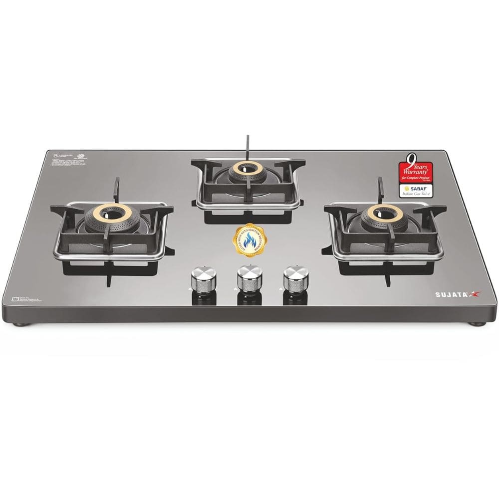 Sujata Cooktop Premium AI, 3 Burner Glass Top Auto Ignition Forged Brass Burner Gas Stove (Black)