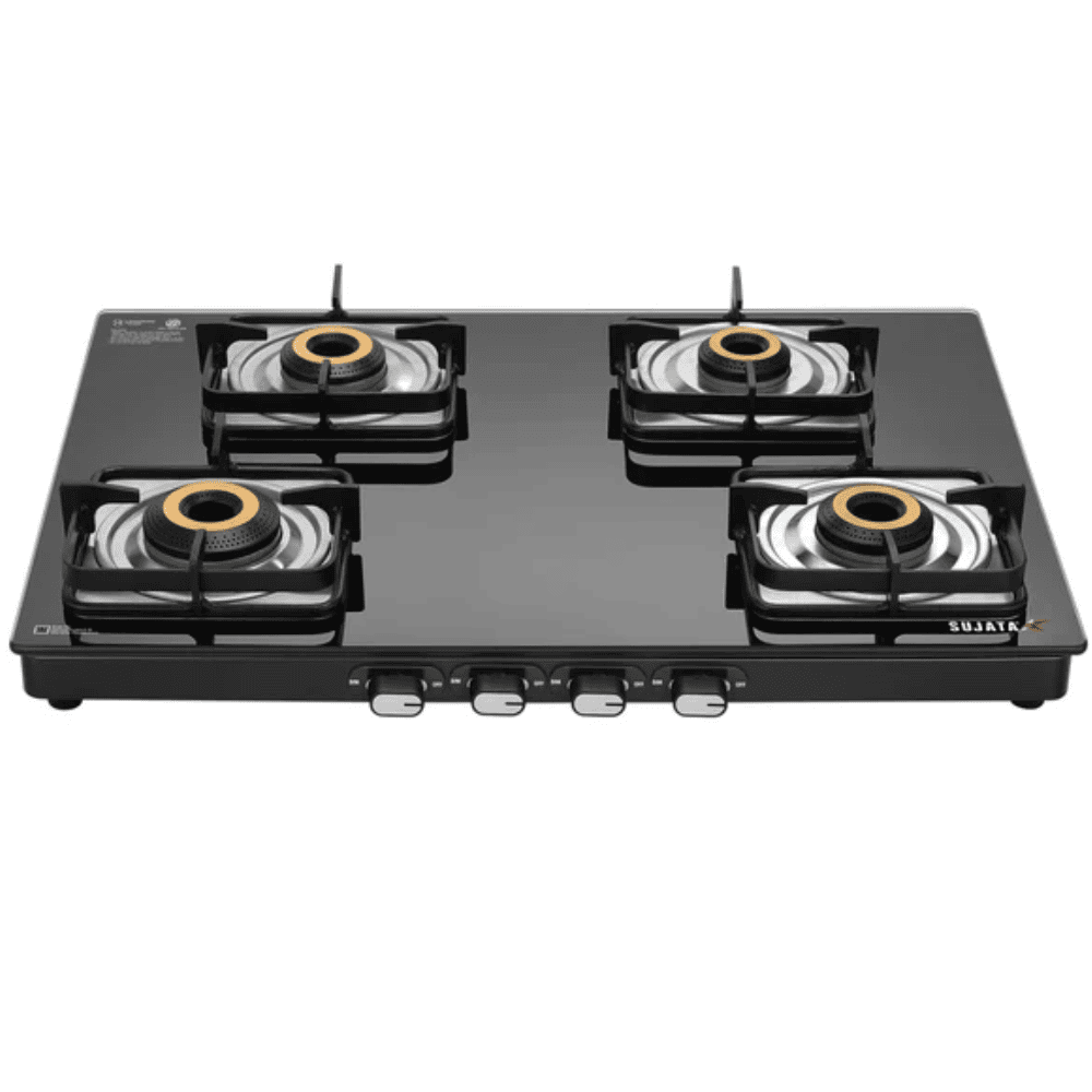 Sujata Cooktop Classic, 4 Burner Glass Top Brass Burner Gas Stove (Black)