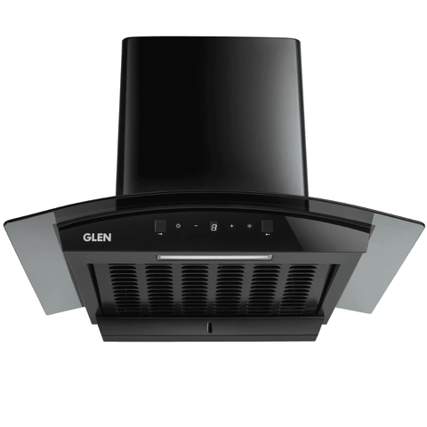 Glen 6058  BL 90CM A/CL (1200), 90 cm 1200 m3/hr Auto Clean Wall Mounted Curved Glass Kitchen Chimney, Filterless Technology (Black)