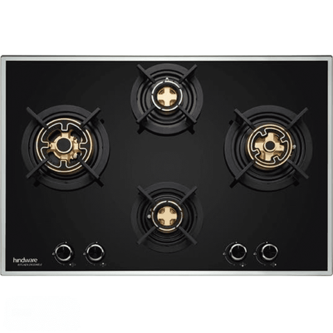 Hindware Hob, ANGELA 4B 76 CM4 Burner 76 cm Auto Ignition Mirror Finished Glass Top Brass Burner 1 Medium +2 Big + 1 Small Gas Stove (Black)