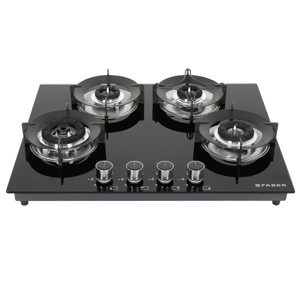 Faber Hob SUPERIA HT654 BR AI, 4 Burner 65 cm Auto Electric Ignition Glass Top Brass Burners 4 Medium Gas Stove, Hob/Hobtop (Black)