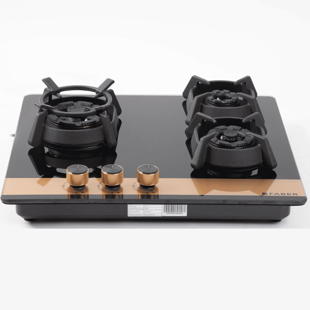 Faber Hob UTOPIA PRO 603, 3 Burner 60 cm Auto Electric Ignition Glass Top Full Brass Burners 1 Medium + 1 small +1 High with (Black)