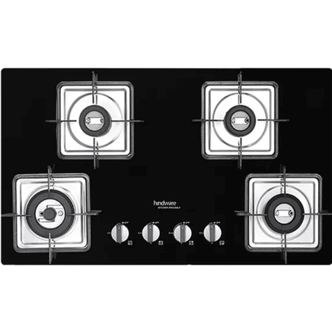 Hindware Hob , ROSIA PLUS 4B 76, 4 Burner 76 cm Auto Ignition Glass Top Full Brass Burners 2 Medium + 1 small +1 High (Black)