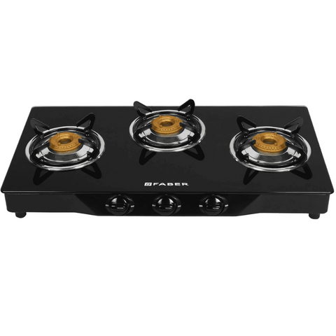 Faber Cooktop, Jumbo 3BB BK, 3 Burner 77 cm Manual Ignition Glass Top Brass Burners 3 Medium Gas Stove (Black)