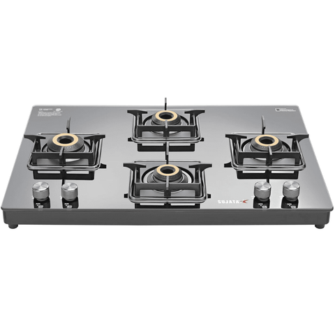 Sujata Cooktop Cross, 4 Burner Ultra-Thick Toughened Glass Top Brass Burner Gas Stove (Black)