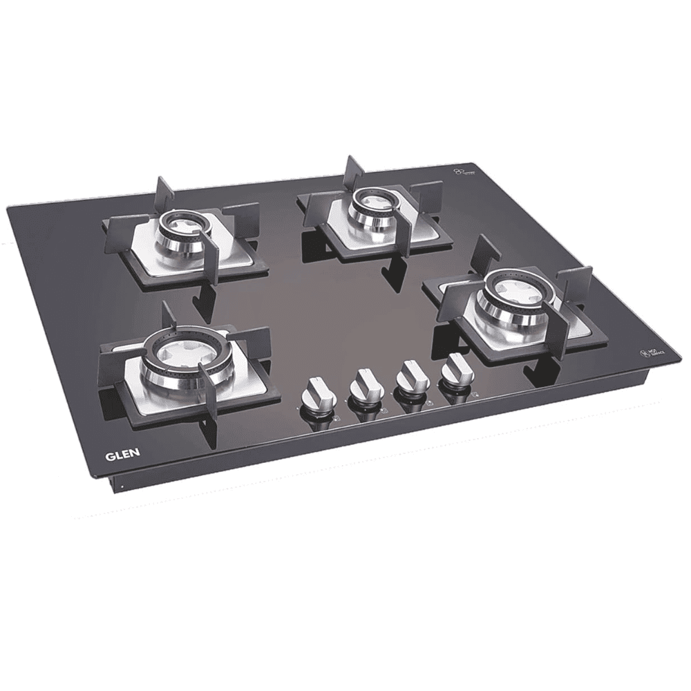 Glen Hob, 1074 SQ HT DB GLEN, 4 Burner 74 cm Auto Ignition Glass Top Brass Burners 2 Small + 2 big Gas Stove (Black)
