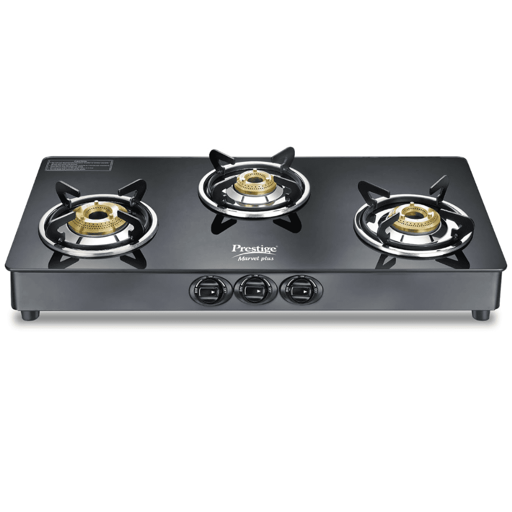 Prestige Cooktop, MARVEL+ 3B GTM 03, 3 Burner Auto Manual Ignition Glass Top Brass Burner 2 Medium +1 small (Black)