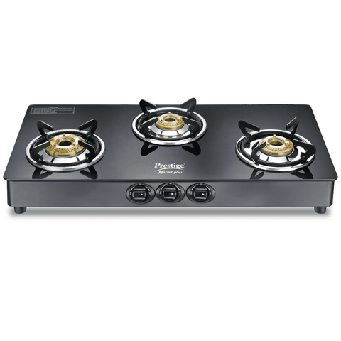 Prestige Cooktop, MARVEL+ 3B GTM 03, 3 Burner Auto Manual Ignition Glass Top Brass Burner 2 Medium + 1 small Gas Stove (Black)