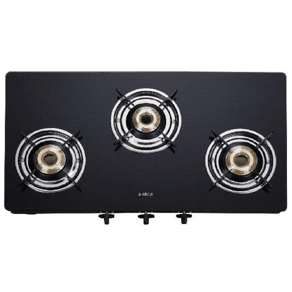 Elica Cooktop, 7033 CT VETRO, 3 Burner 70 cm Glass Top Brass Burners Same size 3 Manual Gas Stove, Rectangle (Black)