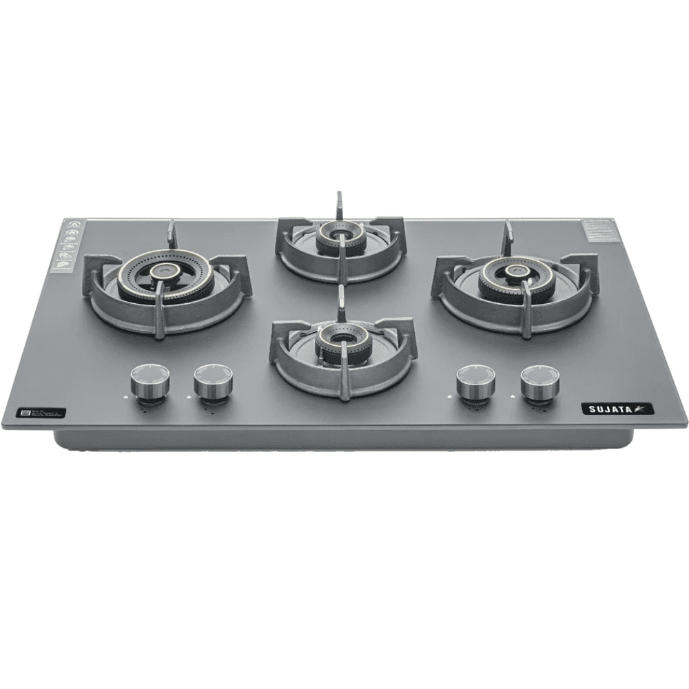 Sujata Hob, 4 Burner 90 cm Auto Ignition Glass Top Brass Burner 1 Larg + 1 Medium + 2 small (Palladium FB 4B90CR FFD, Black)