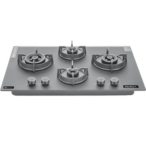 Sujata Hob, 4 Burner 90 cm Auto Ignition Glass Top Brass Burner 1 Larg + 1 Medium + 2 small (Palladium FB 4B90CR FFD, Black)