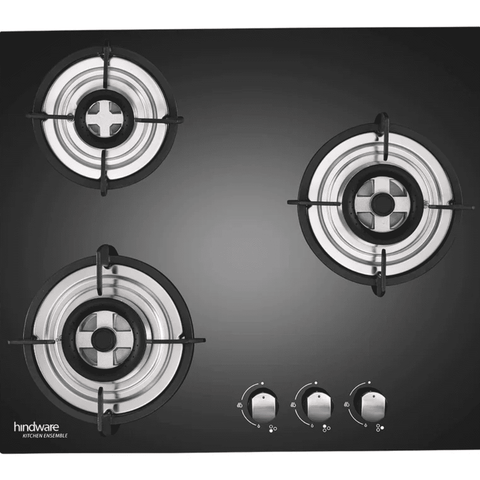 Hindware Hob, Nora Plus, 3 Burner 60 cm Automatic Electric Stainless Steel Burners 1 Medium + 1 small +1 High Flame Gas Stove (Black)