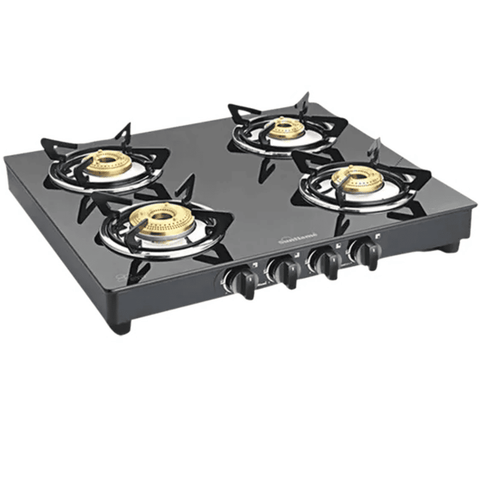 Sunflame Cooktop, PRIME 4B BK, 4 Burner Auto Manual Ignition Glass Top Brass Burner 1 Big + 2 Medium + 1 small Gas Stove, Vitreous Enamelled Skirting (Black)