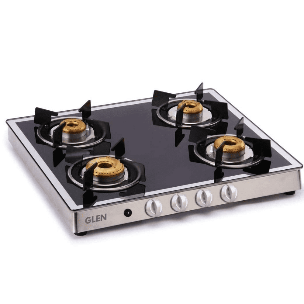 Glen Cooktop, 1042 GT FORGED BB MIRROR, 4 Burner 60 cm Manual Ignition Glass Top Mild Steel Burners 4 Medium Gas Stove (Black)
