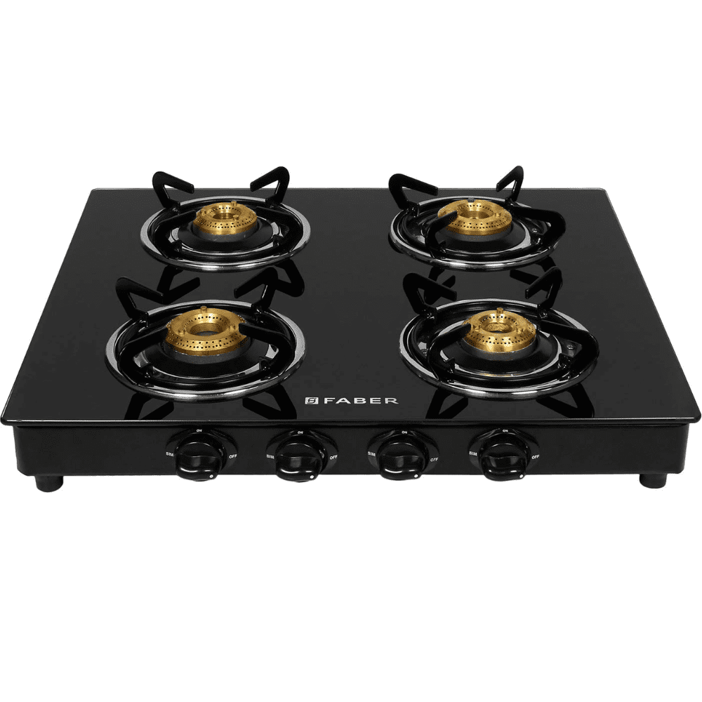Faber Cooktop, POWER 4BB BK, 4 Burner 60 cm Manual Ignition Glass Top Brass Burners 1 Small + 2 Medium +1 Jumbo Gas Stove (Black)