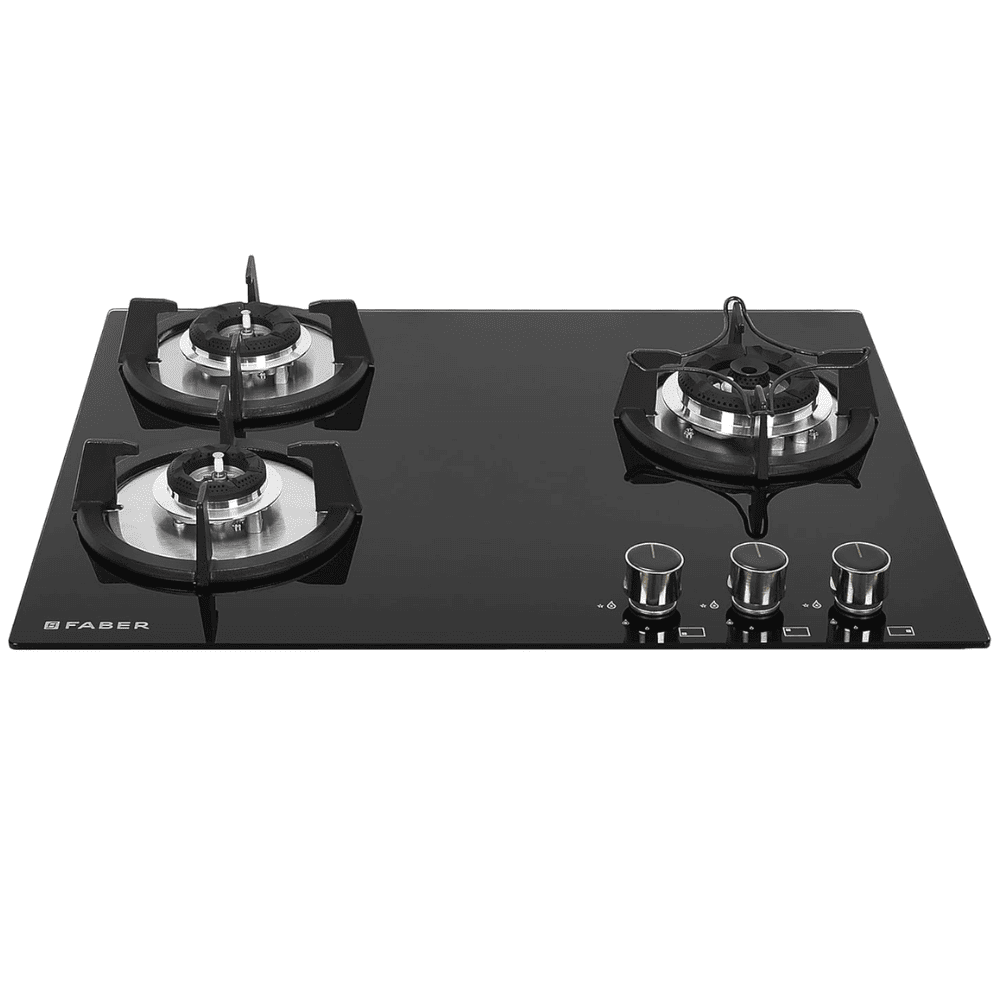 Faber Hob SUPERIA HT653 BR AI, 3 burner 65 cm Auto Ignition Glass Top Full Brass Burners 1 Medium + 1 Small +1 High Flame Gas Stove (Black)