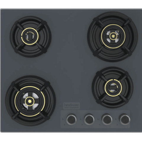 Hindware Hob, GRAPHITE 4B 60, 4 burner 60 cm Auto Ignition Top Metallic Designer Full Brass Burners 2 Medium + 2 Small Gas Stove (Black)