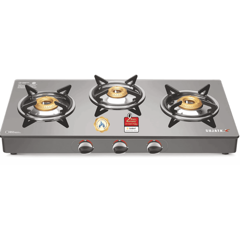 Sujata Cooktop Standard, 3 Burner Glass Top Brass Burner Gas Stove (Black)