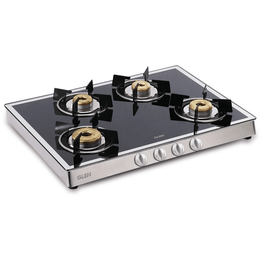 Glen Cooktop, 1048 GT FORGED BB MIRROR, 4 Burner 70 cm Auto Ignition Mirror Finished Glass Top Brass Burner 4 Medium LPG Gas Stove (Black)