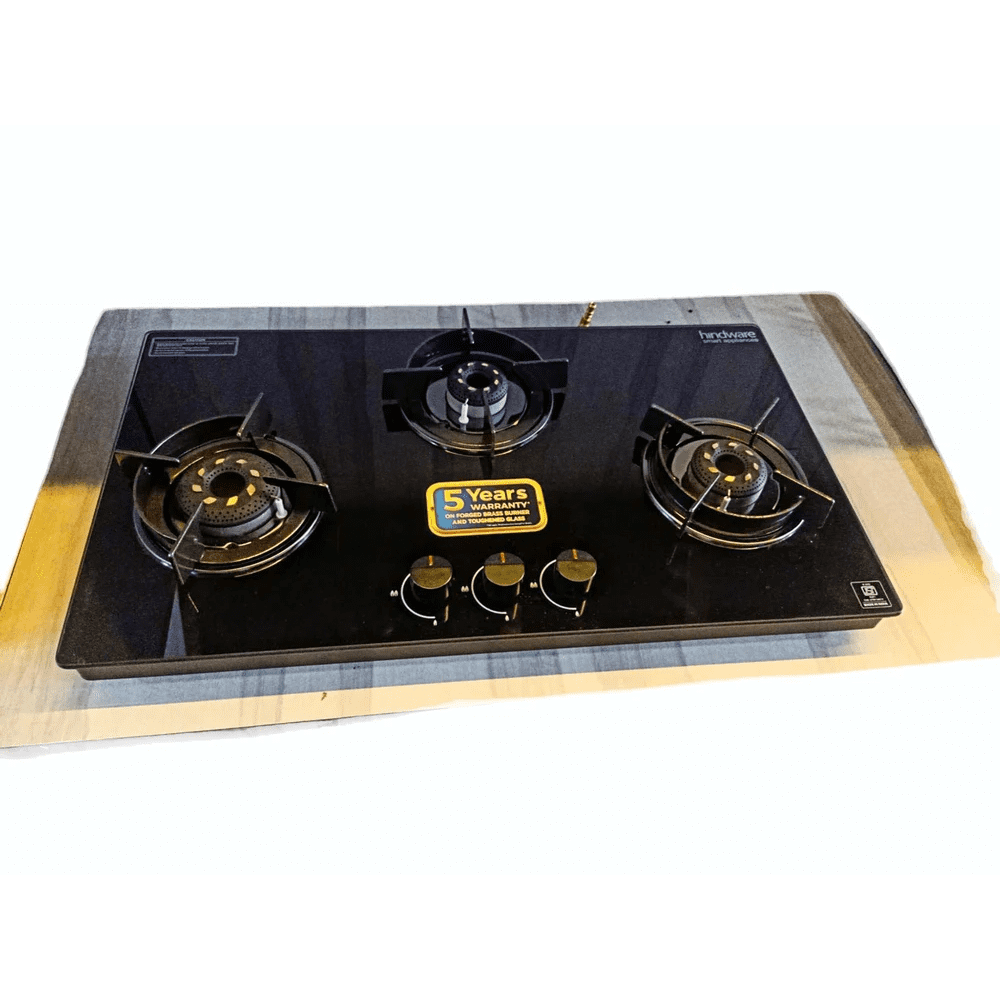 Hindware Cooktop, CORAL 3B AI, 3 Burner 75 cm Manual Glass Top Stainless Steel Burners 2 Medium + 1 small Gas Stove (Black)