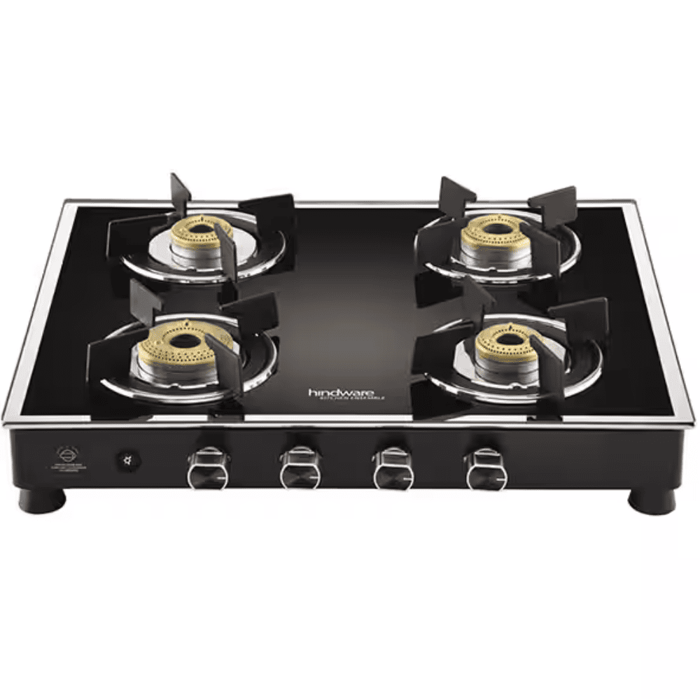 Hindware Cooktop, VEGO 4B BLK, 4 Burner Glass Top Forged Brass Burner 1 Big + 1 Medium + 2 small Gas Stove (Black)