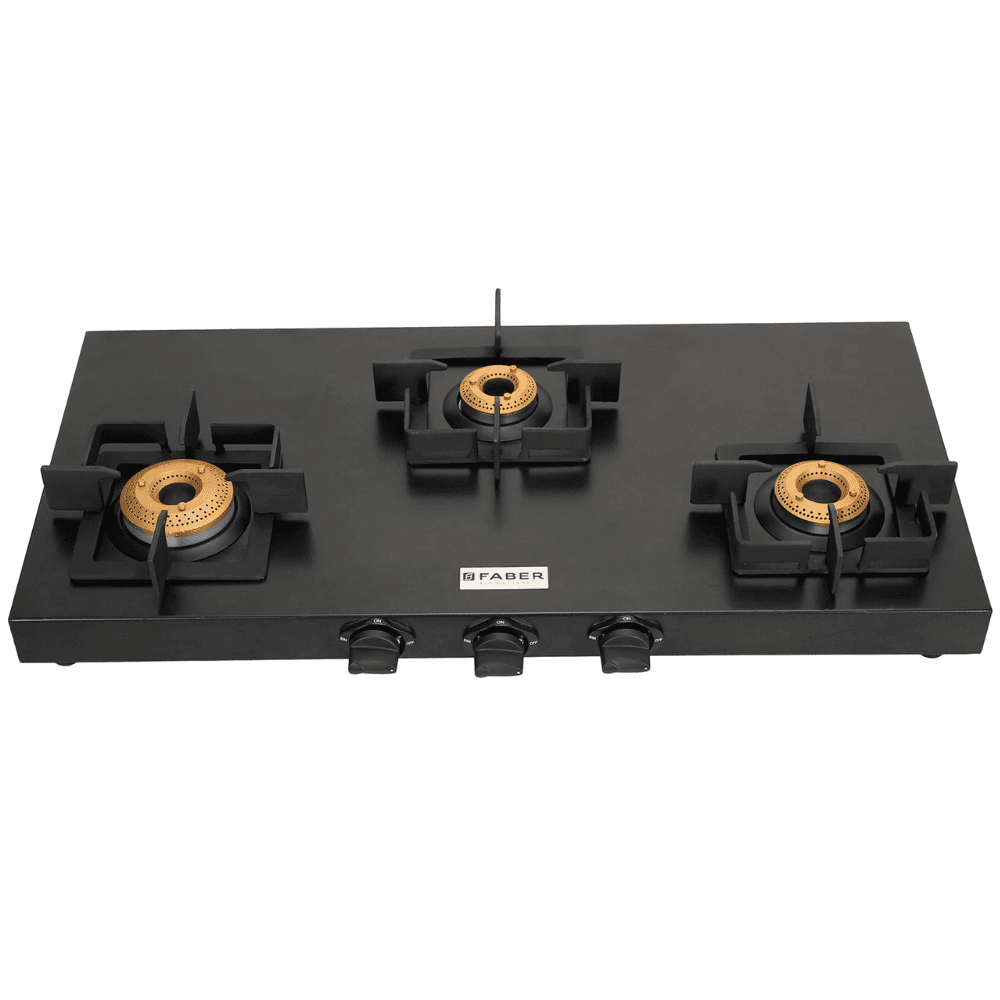 Faber Cooktop, ROMA 3BB BK CI, 4 Burner Auto Manual Ignition Glass Top Brass Burner 2 Medium +1 small + High Flame Gas Stove (Black)