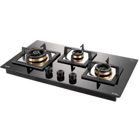 Glen Hob, 1073 SQ HT DB TR, 3 burner 73 cm Auto Electric Ignition Matt Finish Brass Burners 1 Medium +1 Small + 1 High Gas Stove (Black)