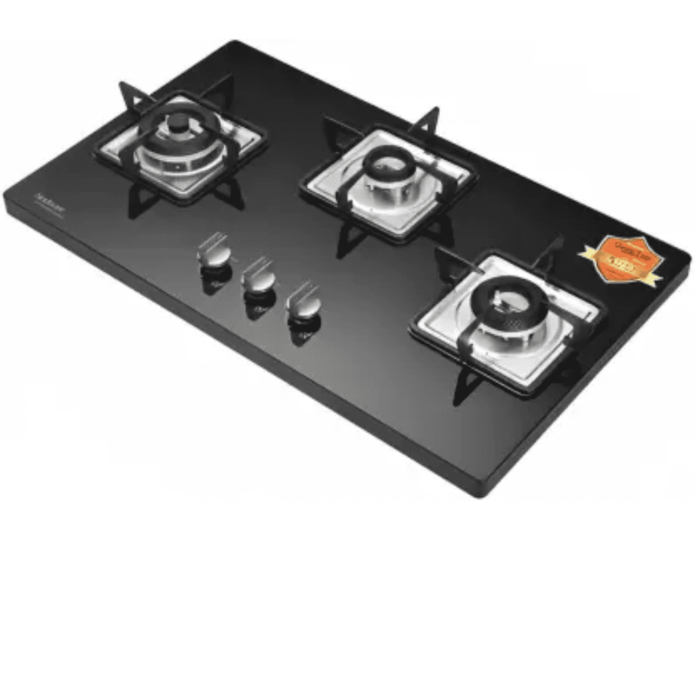 Hindware Hob, ROSIA 3B 76 CM, 3 Burner 76 cm Auto Ignition Glass Top Full Brass Burners 2 Medium + 1 small Gas Stove (Black)