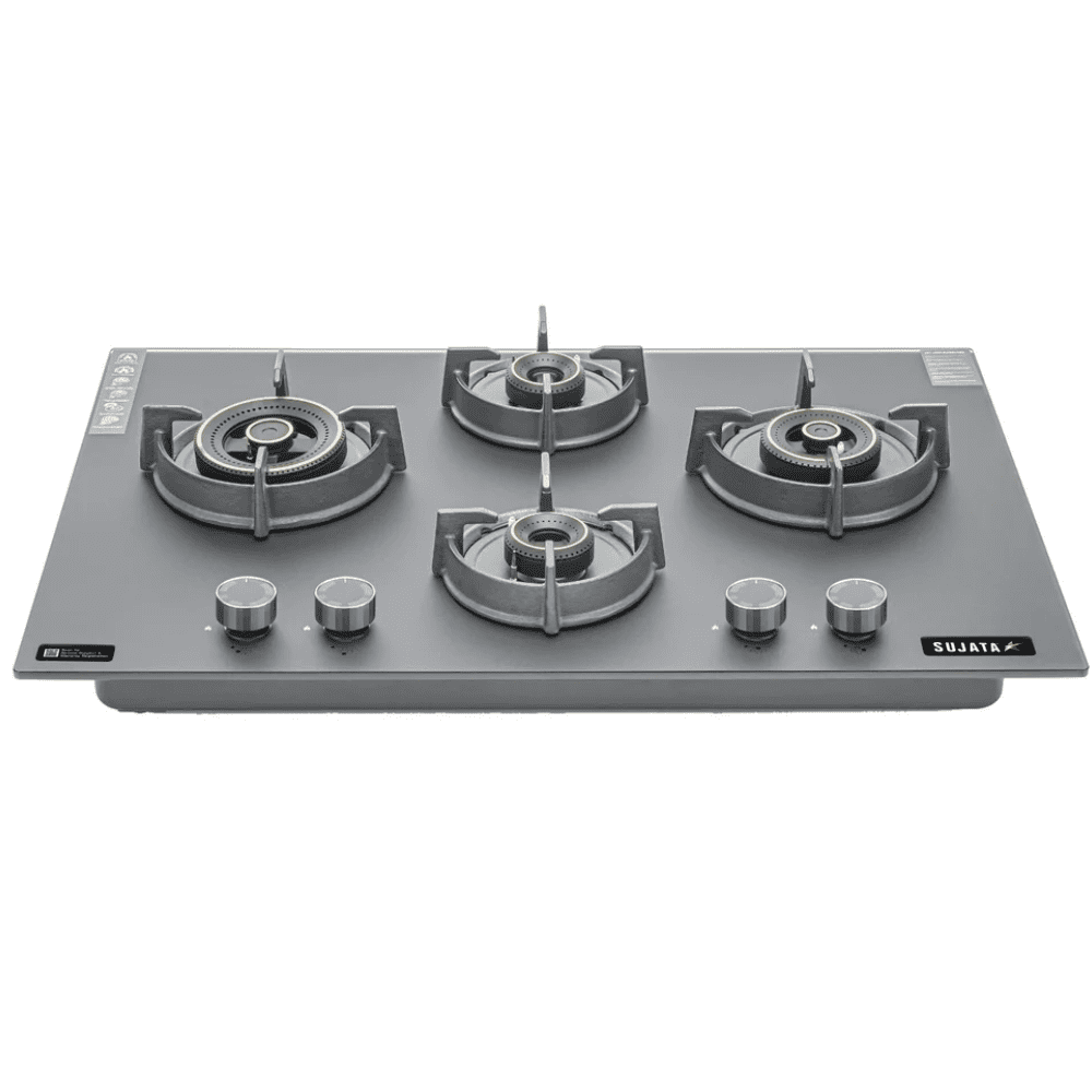Sujata Hob, 4 Burner 60 cm Auto Ignition Glass Top Brass Burner 1 Larg+1 Medium + 2 small (Palladium FB 4B60, Black)