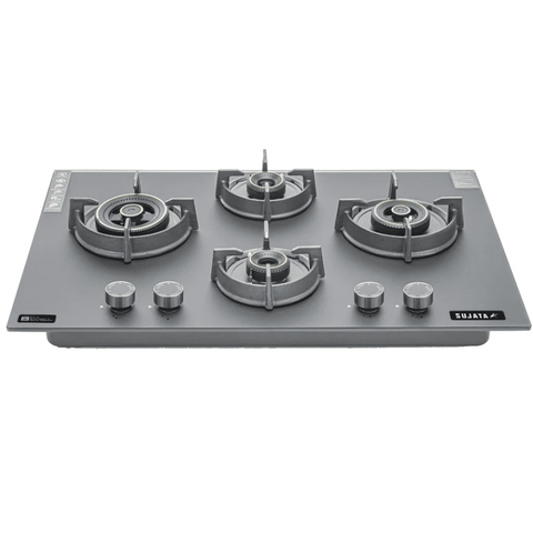 Sujata Hob, 4 Burner 60 cm Auto Ignition Glass Top Brass Burner 1 Larg+1 Medium + 2 small (Palladium FB 4B60, Black)