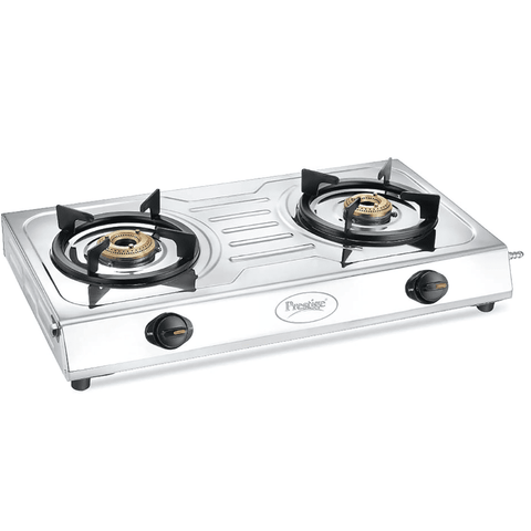 Prestige Cooktop, PRIME 2B SS, 2 Burner Auto Manual Ignition Glass Top Brass Burner 1 Medium + 1 small Gas Stove, Vitreous Enamelled Skirting (Black)