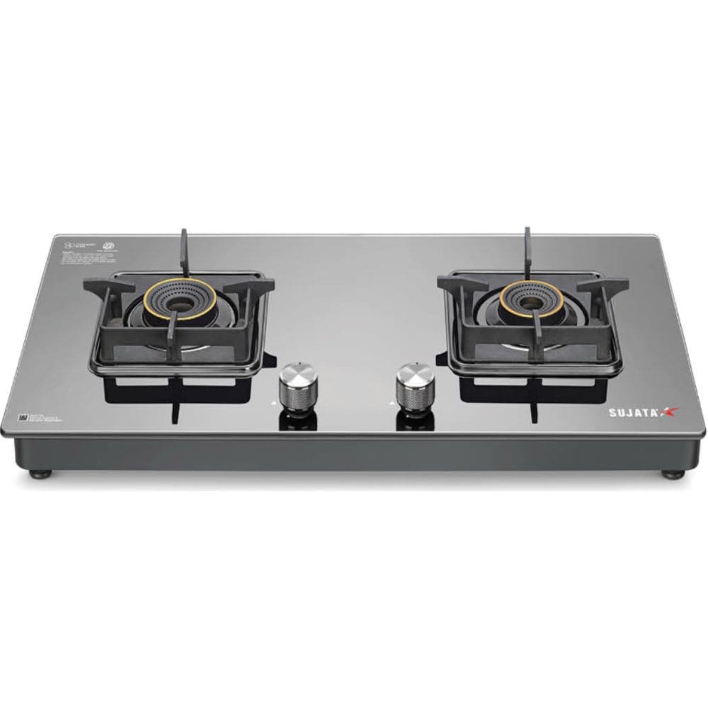 Sujata Cooktop Premium, 2 Burner Glass Top Forged Brass Burner Gas Stove (Black)