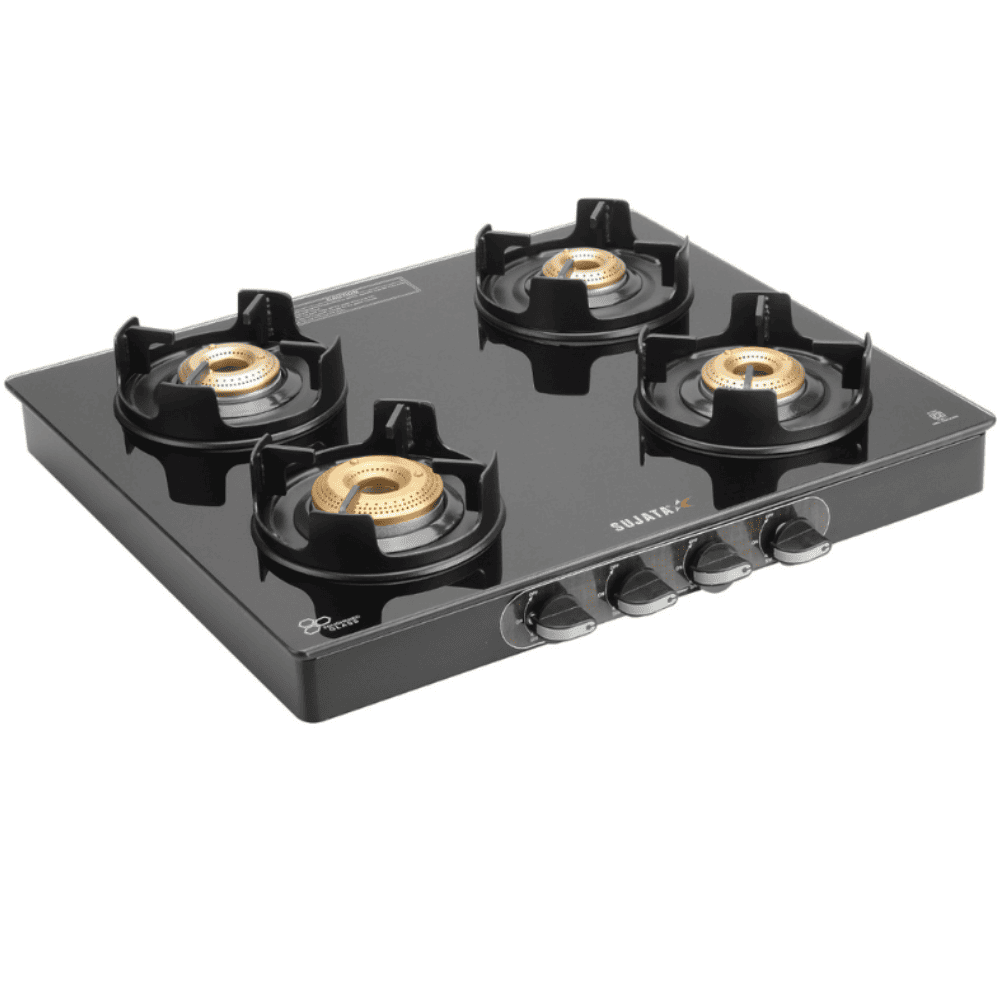 Sujata Cooktop Deluxe, 4 Burner Glass Top Brass Burner Gas Stove (Black)