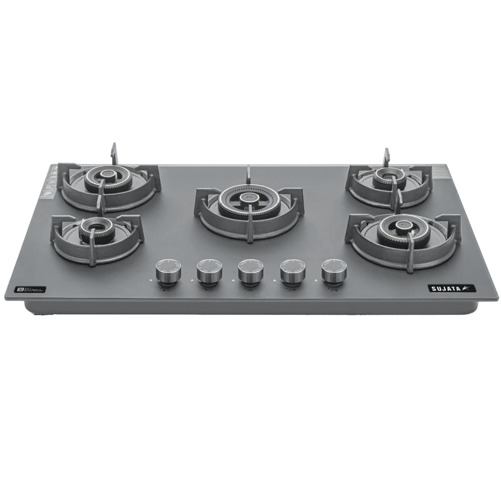 Sujata Hob, 5 Burner 90 cm Auto Ignition Glass Top Brass Burner 1 Larg + 1 Medium + 2 small (Palladium FB 5B86, Black)
