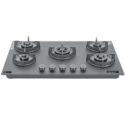 Sujata Hob, 5 Burner 90 cm Auto Ignition Glass Top Brass Burner 1 Larg + 1 Medium + 2 small (Palladium FB 5B86, Black)