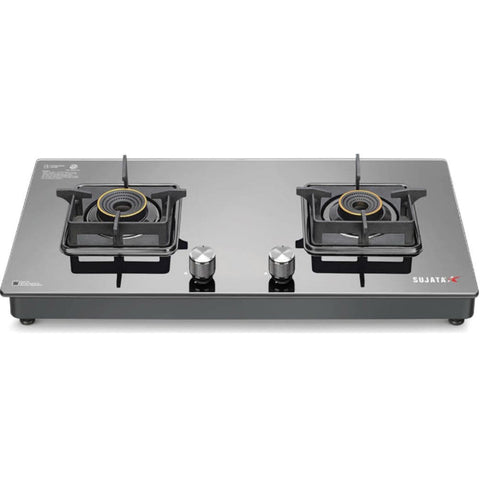 Sujata Cooktop Premium AI, 2 Burner Glass Top Auto Ignition Forged Brass Burner Gas Stove (Black)