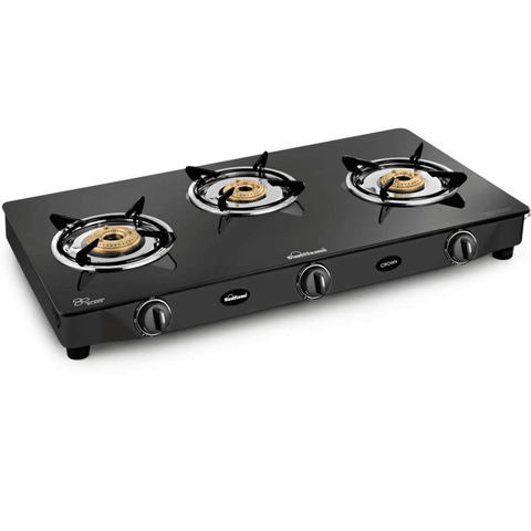 Sunflame Cooktop, CROWN GT 3B, 3 Burner Auto Manual Ignition Glass Top Brass Burner 1 Big + 1 Medium + 1 small Gas Stove (Black)