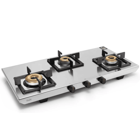 Glen Cooktop, 1053 ULTRA TUFF SS, 4 Burner Auto Manual Ignition Glass Top Brass Burner 2 Medium + 1 small + High Flame Gas Stove, Vitreous Enamelled Skirting (Black)