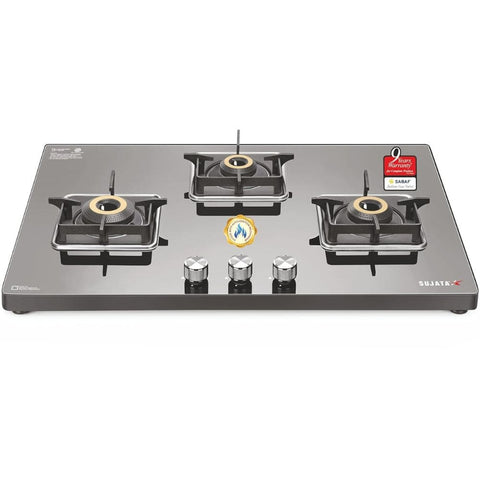 Sujata Cooktop Premium, 3 Burner Glass Top Forged Brass Burner Gas Stove (Black)