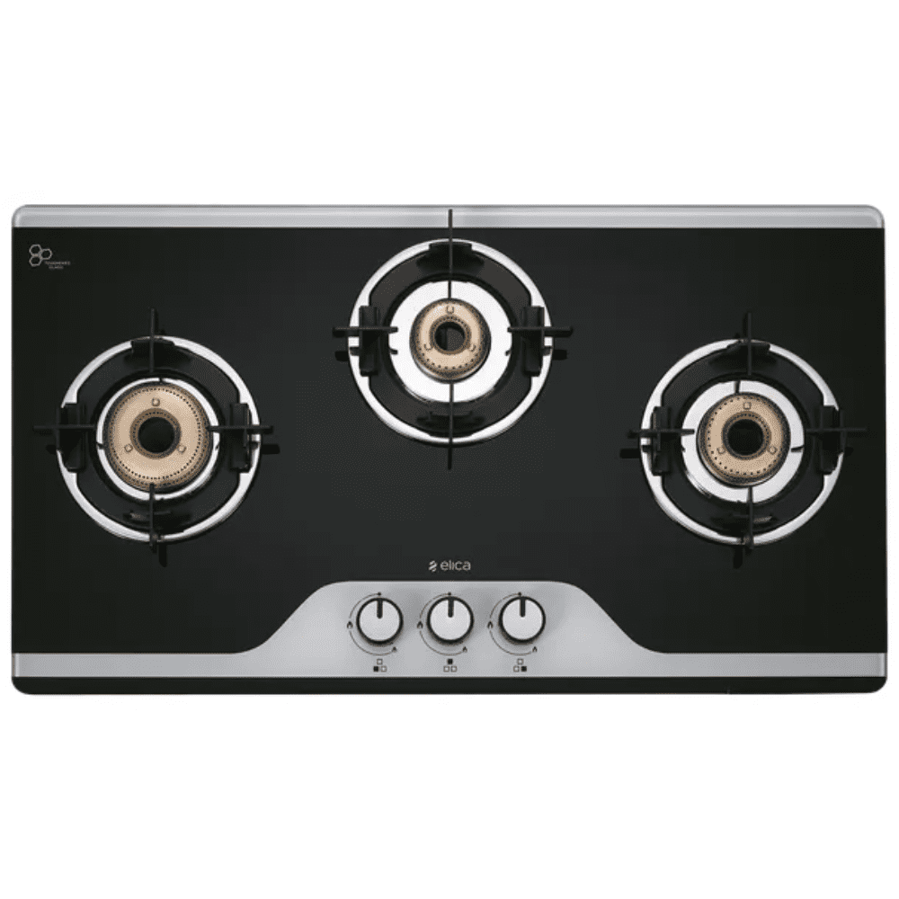Elica Cooktop, 773 CT DT VETRO, 3 Burner 77 cm Glass Top Brass Burners Double Drip Tray 3 Manual Gas Stove (Black)