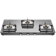 Sujata Cooktop Classic AI, 3 Burner Glass Top Auto Ignition Brass Burner Gas Stove (Black)