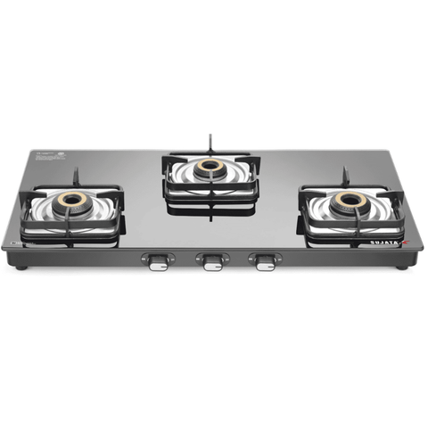 Sujata Cooktop Classic AI, 3 Burner Glass Top Auto Ignition Brass Burner Gas Stove (Black)