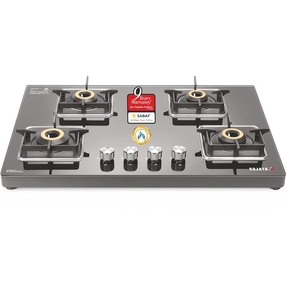 Sujata Cooktop Premium, 4 Burner Glass Top 5G Designed Forged Brass Burner Gas Stove (Black)
