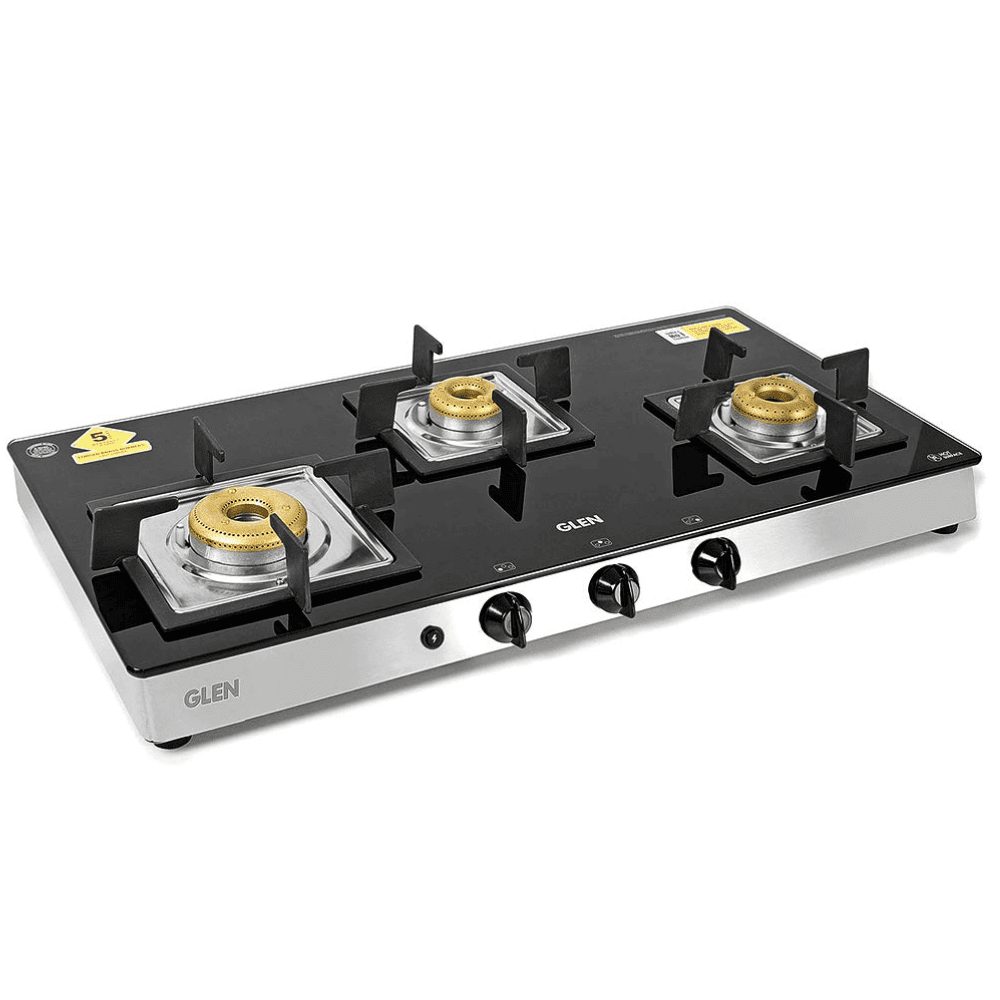 Glen Cooktop, 1038 SQ GT FORGED BB, 3 Burner 78 cm Manual Ignition Glass Top Mild Steel Burners 3 Medium Gas Stove (Black)