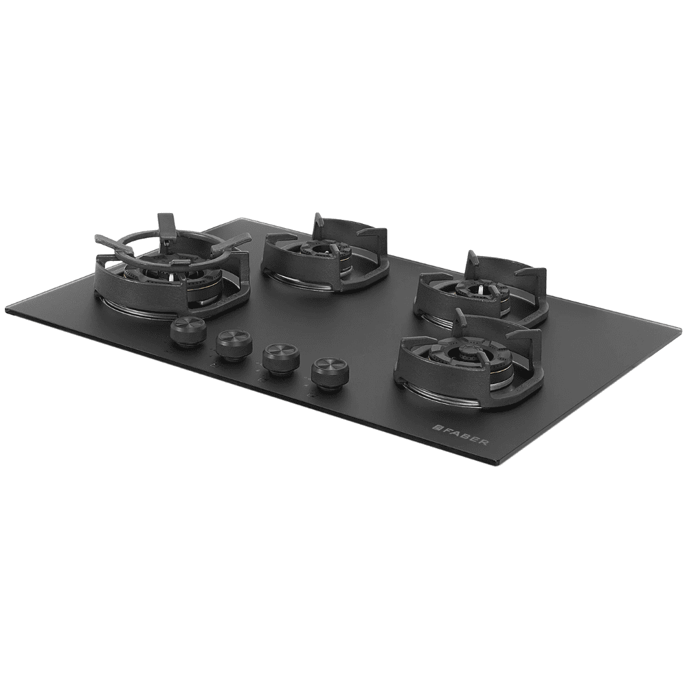 Faber Hob DELLA HD724 CI AI, 4 burner 90 cm Auto Ignition Glass Top Full Brass Burners 1 Medium +1 Small + 1 High Gas Stove (Black)