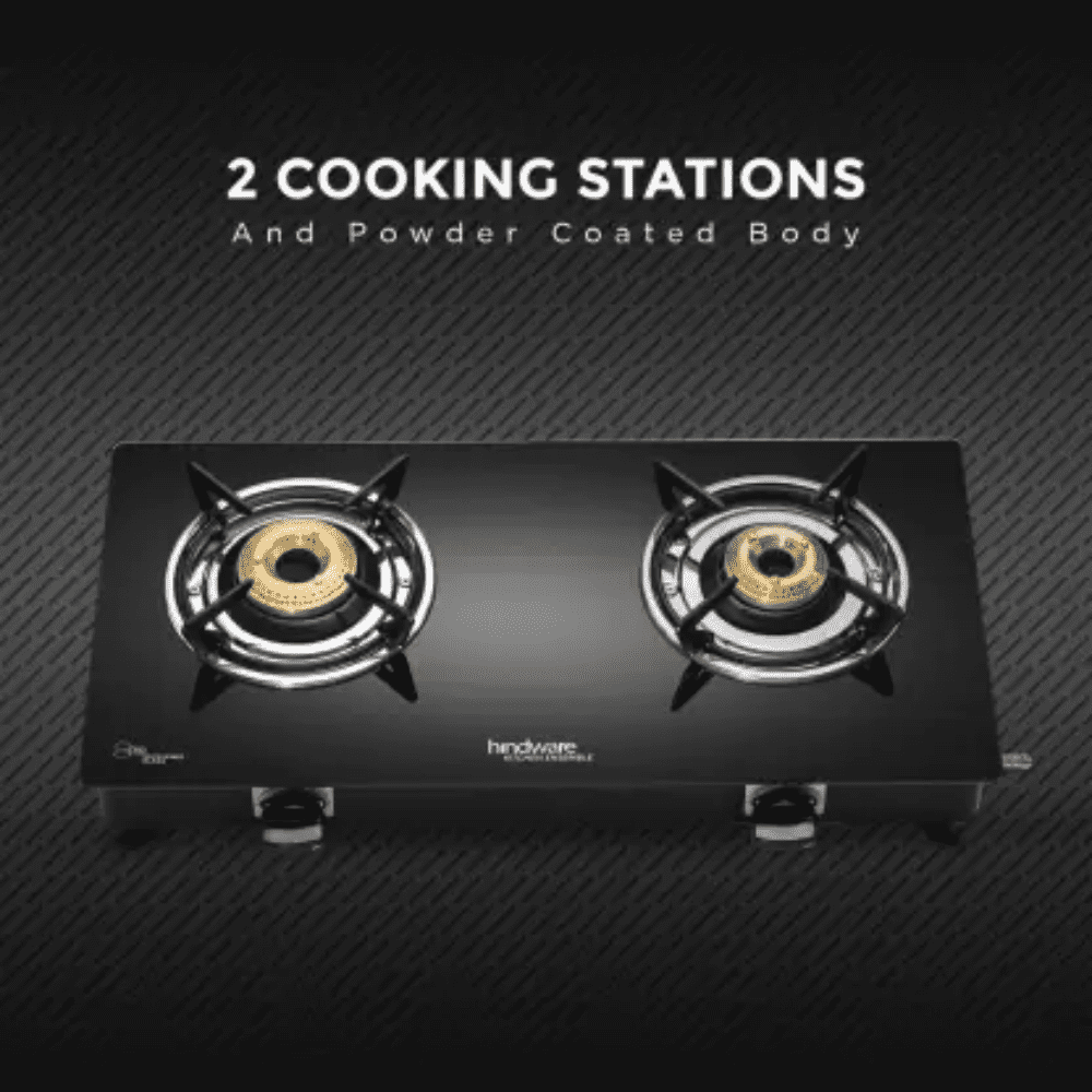 Hindware Cooktop, BRIO+2B, 2 Burner 57 cm Manual Glass Top Mild Steel Burners 2 Medium Gas Stove (Black)